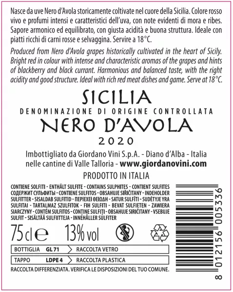 Nero d\'Avola Sicilia doc | Vins | Giordano Vini